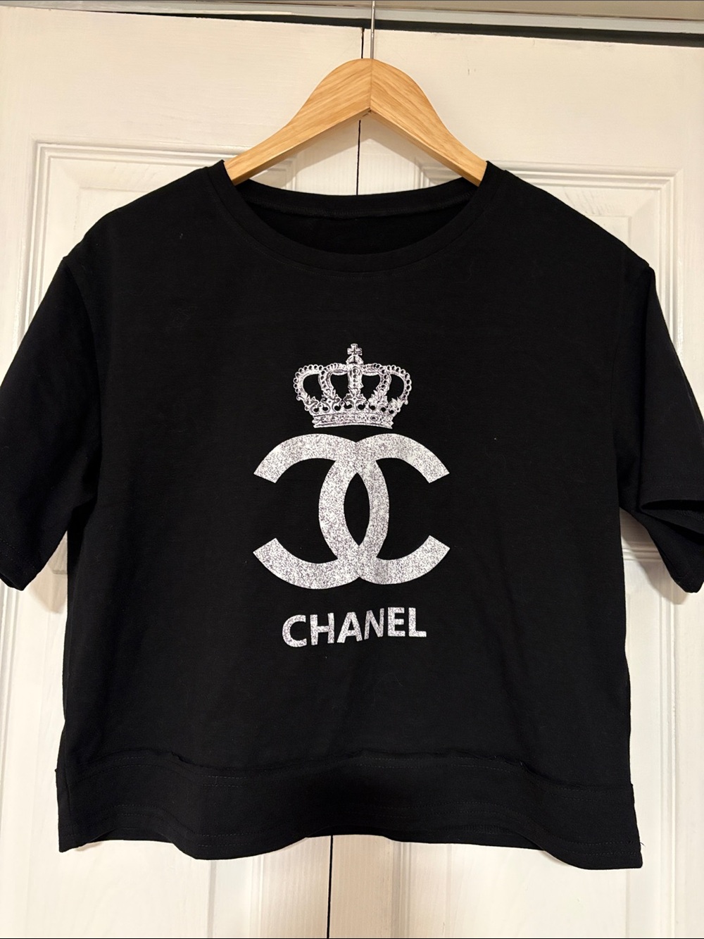 Womens Black Tee with Silver Glitter CC and Crown. Size Small NWOT.